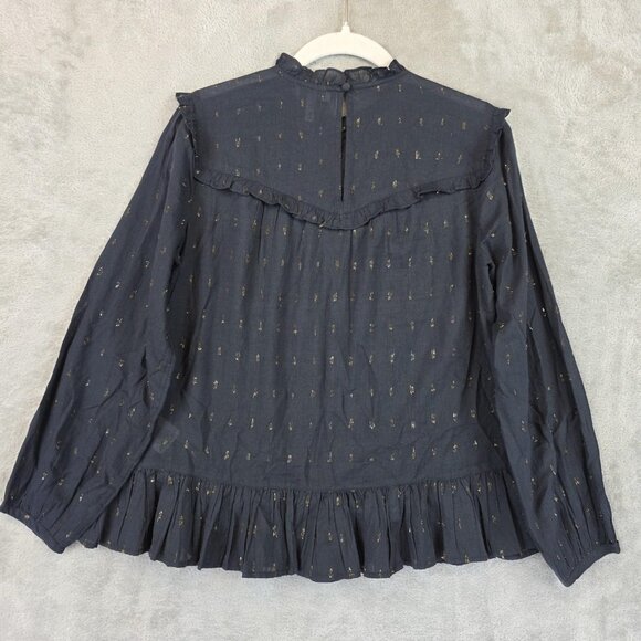 Joie Blouse Womens XS Black Gold Metallic Ruffle Peplum Long Sleeve Top - Picture 11 of 12